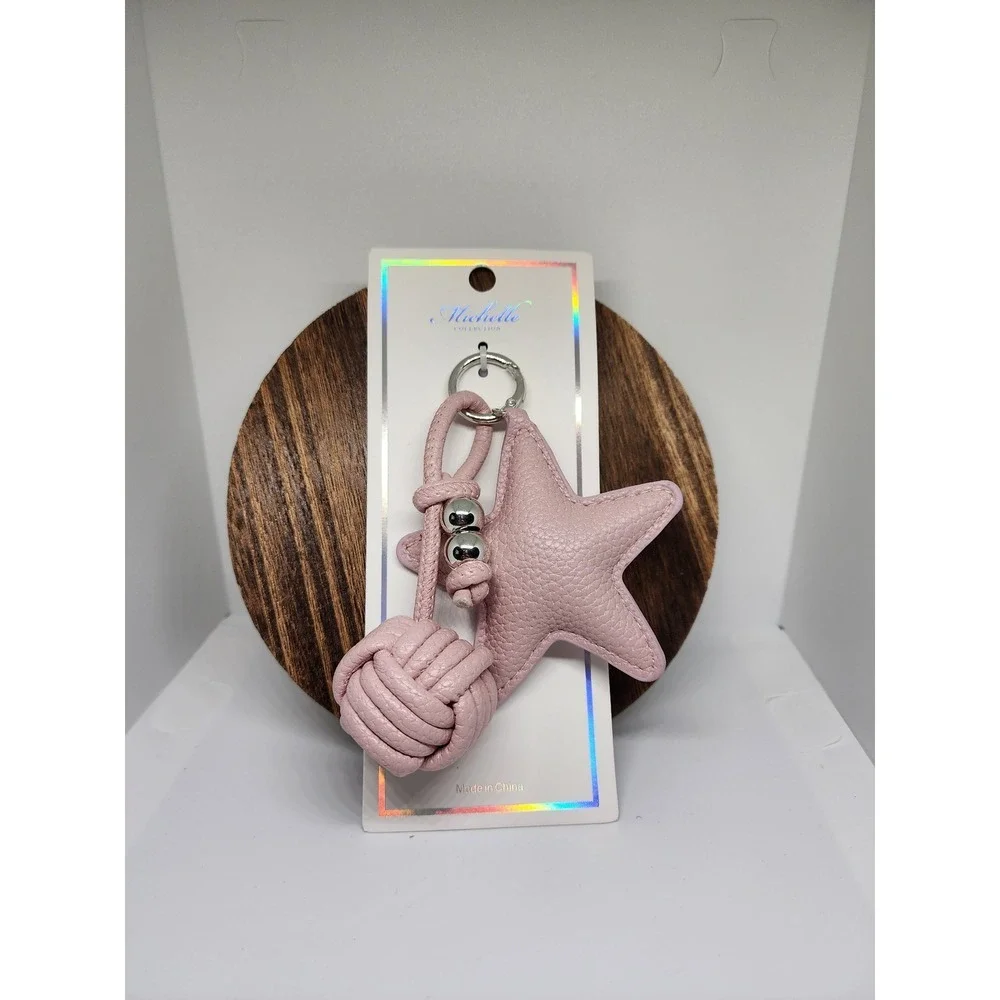 Pink Star Knot Keychain Charm | Faux Leather Bag Charm Orb Accent